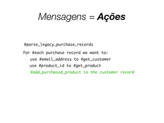 Mensagens = Ações
#parse_legacy_purchase_records
for #each purchase record we want to:
use #email_address to #get_customer
use #product_id to #get_product
#add_purchased_product to the customer record
 