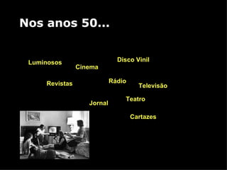 Nos anos 50... Rádio Jornal Revistas Cartazes Cinema Teatro Televisão Luminosos Disco Vinil 