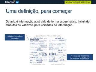 #Intercon2012 #Metricas




Uma definição, para começar
Dataviz é informação abstraída de forma esquemática, incluindo
atributos ou variáveis para unidades de informação.


Listagem completa
     de dados




                                                Frequência determina
                                                tamanho e legibilidade
 