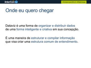 #Intercon2012 #Metricas




Onde eu quero chegar

Dataviz é uma forma de organizar e distribuir dados
de uma forma inteligente e criativa em sua concepção.

É uma maneira de estruturar e compilar informação
que visa criar uma estrutura comum de entendimento.
 