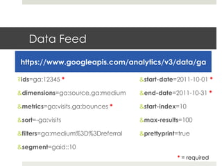 Data Feed
https://www.googleapis.com/analytics/v3/data/ga
?ids=ga:12345 *
&dimensions=ga:source,ga:medium
&metrics=ga:visits,ga:bounces *
&sort=-ga:visits
&filters=ga:medium%3D%3Dreferral
&segment=gaid::10
&start-date=2011-10-01 *
&end-date=2011-10-31 *
&start-index=10
&max-results=100
&prettyprint=true
* = required
 