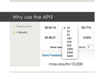 Why use the API?
1.  Productivity
2.  + Results
max-results=10,000
 