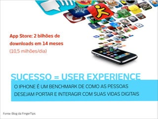 App Store: 2 bilhões de
     downloads em 14 meses
     (10,5 milhões/dia)




     SUCESSO = USER EXPERIENCE
        O IPHONE É UM BENCHMARK DE COMO AS PESSOAS
        DESEJAM PORTAR E INTERAGIR COM SUAS VIDAS DIGITAIS



Fonte: Blog da FingerTips
 