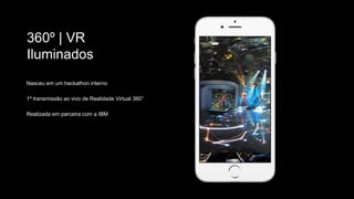360º | VR
Iluminados
1ª transmissão ao vivo de Realidade Virtual 360°
Realizada em parceira com a IBM
Nasceu em um hackathon interno
 