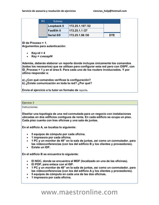 Servicio de asesoría y resolución de ejercicios ciencias_help@hotmail.com 
www.maestronline.com 
R3 Subway Loopback 0 172.25.1.107 /32 FastEth 0 172.25.1.1 /27 Serial 0/0 172.25.1.98 /30 DTE ID de Proceso = 1. Argumentos para autenticación:  Key-id = 4  Key = cveospf4 Además, deberás elaborar un reporte donde incluyas únicamente los comandos (todos los necesarios) que se utilizan para configurar esta red pero con OSPF, con ID_Process = 1 y en el área 0. Para cada uno de los routers involucrados. Y por último responder a: a) ¿Con qué comandos verificas la configuración? b) ¿Existe comunicación en toda la red? ¿Por qué? Envía el ejercicio a tu tutor en formato de reporte. 
Ejercicio 3 Instrucciones: Diseñar una topología de una red conmutada para un negocio con instalaciones ubicadas en dos edificios contiguos de renta. En cada edificio se ocupa un piso. Cada piso cuenta con tres oficinas y una sala de juntas. En el edificio A, se localiza lo siguiente:  5 equipos de cómputo por cada oficina.  1 impresora por cada oficina.  1 PC y un monitor de 48” en la sala de juntas, así como un conmutador, para las videoconferencias (con los del edificio B y los clientes y proveedores).  Existe un IDF. En el edificio B se encuentra lo siguiente:  El NOC, donde se encuentra el MDF (localizado en una de las oficinas).  El POP, para enlace con el ISP.  1 PC y un monitor de 48” en la sala de juntas, así como un conmutador, para las videoconferencias (con los del edificio A y los clientes y proveedores).  5 equipos de cómputo en cada una de las dos oficinas.  1 impresora por cada oficina.  