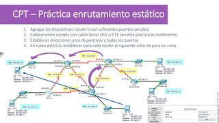 CPT – Práctica enrutamiento estático
1. Agregar los dispositivos (router’s con suficientes puertos seriales)
2. Cablear entre routers con cable Serial DCE o DTE (en ésta práctica es indiferente)
3. Establecer direcciones a los dispositivos y todos los puertos
4. En ruteo estático, establecer para cada router el siguiente salto de para las rutas
Autor:HéctorGarduñoReal
 