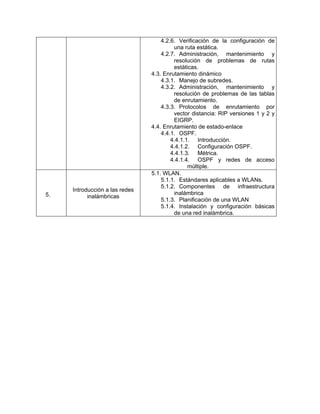 4.2.6. Verificación de la configuración de
una ruta estática.
4.2.7. Administración, mantenimiento y
resolución de problemas de rutas
estáticas.
4.3. Enrutamiento dinámico
4.3.1. Manejo de subredes.
4.3.2. Administración, mantenimiento y
resolución de problemas de las tablas
de enrutamiento.
4.3.3. Protocolos de enrutamiento por
vector distancia: RIP versiones 1 y 2 y
EIGRP.
4.4. Enrutamiento de estado-enlace
4.4.1. OSPF.
4.4.1.1. Introducción.
4.4.1.2. Configuración OSPF.
4.4.1.3. Métrica.
4.4.1.4. OSPF y redes de acceso
múltiple.
5.
Introducción a las redes
inalámbricas
5.1. WLAN.
5.1.1. Estándares aplicables a WLANs.
5.1.2. Componentes de infraestructura
inalámbrica
5.1.3. Planificación de una WLAN
5.1.4. Instalación y configuración básicas
de una red inalámbrica.
 
