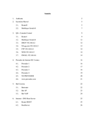 Sumário
1. Ambiente 5
2. Escritório Marvel 5
2.1. Router0 5
2.2. Multilayer Switch 0 7
3. QG - Conexão Central 9
3.1. Router1 9
3.2. Multilayer Switch 0 12
3.3. DHCP 192.168.4.2 12
3.4. NS.qq.com 192.168.4.3 13
3.5. FTP 192.168.4.4 14
3.6. WEB 192.168.4.5 14
3.7. EMAIL 192.168.4.6 14
4. Provedor de Internet DC Comics 16
4.1. Provedor 1 16
4.2. Provedor 2 17
4.3. Provedor 3 18
4.4. Provedor 4 19
4.5. NS PROVEDOR 20
4.6. www.provedor.com 21
5. Bat Caverna 22
5.1. Batrouter 22
5.2. Bat AP 23
5.3. Bat VoIP 24
6. Internet - DNS Root Server 25
6.1. Router ROOT 25
6.2. RootServer 26
 