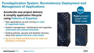 #IBMINTERCONNECT
PureApplication System: Revolutionary Deployment and
Management of Applications
Accelerate new project delivery
& simplify application lifecycle
using Patterns of Expertise
 New applications up and running an order
of magnitude faster
 System management, maintenance and upgrades
automated and without downtime
 Scaling policies, security and disaster recovery
setup and applied with just a few clicks
 Up to 6.5x better performance for web and
database workloads
System “mini”
Power model
Based on IBM internal tests of the IBM PureApplication System W1700-96 compared to results of testing of a competitor’s configuration (previous version; no longer available; executing an online JEE trading application workload in a controlled laboratory environment and a 3 year total cost of acquisition (based on US list prices). The cost calculation compares the average cost per
request. 3 year total cost of acquisition includes expected hardware, software, service & support. IBM's internal workload studies are not benchmark applications, nor are they based on any benchmark standard. As such, customer applications, differences in the stack deployed, and other systems variations or testing conditions may produce different results and may vary based on
actual configuration, applications, specific queries and other variables in a production environment. Users of this document should verify the applicable data for their specific environment.
 