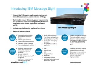 • Extends IBM’s Messaging leadership to the Internet
for mobile applications and the Internet of Things
• Optimized to reduce data costs, power requirements
and operational costs while bring a better/faster user
experience to the mobile application and device
worlds
• IBM’s proven OpEx-saving appliance form factor
• Based on open standards
• Optimized connectivity for
Mobile Applications and
devices
• Efficient open protocol
• Event-driven responsiveness
• Open and industry agnostic
• Fine-grained security policies
• Active dev community
• Free dev virtual appliance
• Simple yet powerful APIs
• Quick ramp messaging
paradigm
• 40+ MQTT clients for all
platforms
• Up and running < 30 minutes
• Task oriented web-based UI
• Designed to be operated in
the data center with the skills
of personnel who operate
routers and other network
gear
• Hardened Appliance Form
Factor driven by secure
firmware that can’t be
tampered
• No user-visible OS
• Can’t be compromised by 3rd-
party code
• Much more inexpensive to
maintain than servers
• JMS
• WebSockets
• MQ
• Integration Bus
• Worklight
• InfoSphere Streams
• Workload balancing across
Application Servers
• 13M non-persistent msg/sec
• 400K persistent msg/sec
• 1M concurrent connections
• Predictable microsecond
latency under load
• Highly available
Designed
for Mobile
Apps and
Devices
Developer
Friendly
Internet
Scale
Integrates
Reduce
OpEx
Costs
Proven IBM
Appliance
Platform
IBM MessageSight
Introducing IBM Message Sight
 