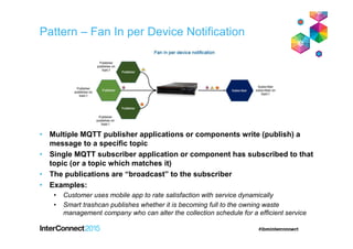 Pattern – Fan In per Device Notification
• Multiple MQTT publisher applications or components write (publish) a
message to a specific topic
• Single MQTT subscriber application or component has subscribed to that
topic (or a topic which matches it)
• The publications are “broadcast” to the subscriber
• Examples:
• Customer uses mobile app to rate satisfaction with service dynamically
• Smart trashcan publishes whether it is becoming full to the owning waste
management company who can alter the collection schedule for a efficient service
 
