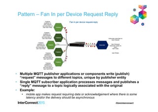 Pattern – Fan In per Device Request Reply
• Multiple MQTT publisher applications or components write (publish)
“request” messages to different topics, unique by publisher entity
• Single MQTT subscriber application processes messages and publishes a
“reply” message to a topic logically associated with the original
• Example:
• mobile app makes request requiring data or acknowledgement where there is some
latency and/or the delivery should be asynchronous
 