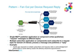 Pattern – Fan Out per Device Request Reply
• Single MQTT publisher application or component writes (publishes)
“request” messages to different topics
• Multiple subscriber application or components each subscribe to a request
topic for domain of interest, process a message and publishes a “reply”
• Example:
• mobile app requests to multiple subscribers and requires data or acknowledgement
where there is some latency and/or the delivery should be asynchronous
 