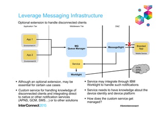 Optional extension to handle disconnected clients
Application Tier Middleware Tier
App 1
App 2
MQ
Queue Manager
MessageSight
Although an optional extension, may be
essential for certain use cases
Custom service for handling knowledge of
disconnected clients and integrating direct
to native or other notification services
(APNS, GCM, SMS…) or to other solutions
Service may integrate through IBM
Worklight to handle such notifications
Service needs to have knowledge about the
device identity and device platform
How does the custom service get
managed?
Branded
App
Environment B
Environment A
Mobile Device
DMZ
Service
X
SMS
GCM,
APNS,
SMS
Worklight
Leverage Messaging Infrastructure
 