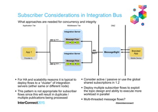 What approaches are needed for concurrency and integrity
Application Tier Middleware Tier
App 1 MessageSight
For HA and scalability reasons it is typical to
deploy flows to a “cluster” of integration
servers (either same or different node)
This pattern is not appropriate for subscriber
flows since this will result in duplicate /
multiple publications being processed
Consider active / passive or use the global
shared subscriptions in 1.2
Deploy multiple subscriber flows to exploit
the topic design and ability to execute more
workload in parallel
Multi-threaded message flows?
Branded
App
Provider A Mobile Device
DMZ
Message FlowJMS Q,??? …
Message Flow
JMS,
MQTT
Integration Server
Integration Server
JMS Q,??? …
Subscriber Considerations in Integration Bus
 