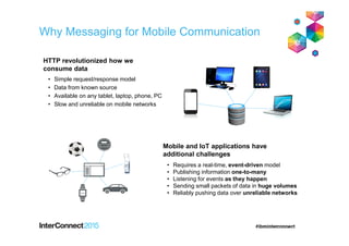 • Simple request/response model
• Data from known source
• Available on any tablet, laptop, phone, PC
• Slow and unreliable on mobile networks
• Requires a real-time, event-driven model
• Publishing information one-to-many
• Listening for events as they happen
• Sending small packets of data in huge volumes
• Reliably pushing data over unreliable networks
Mobile and IoT applications have
additional challenges
HTTP revolutionized how we
consume data
Why Messaging for Mobile Communication
 