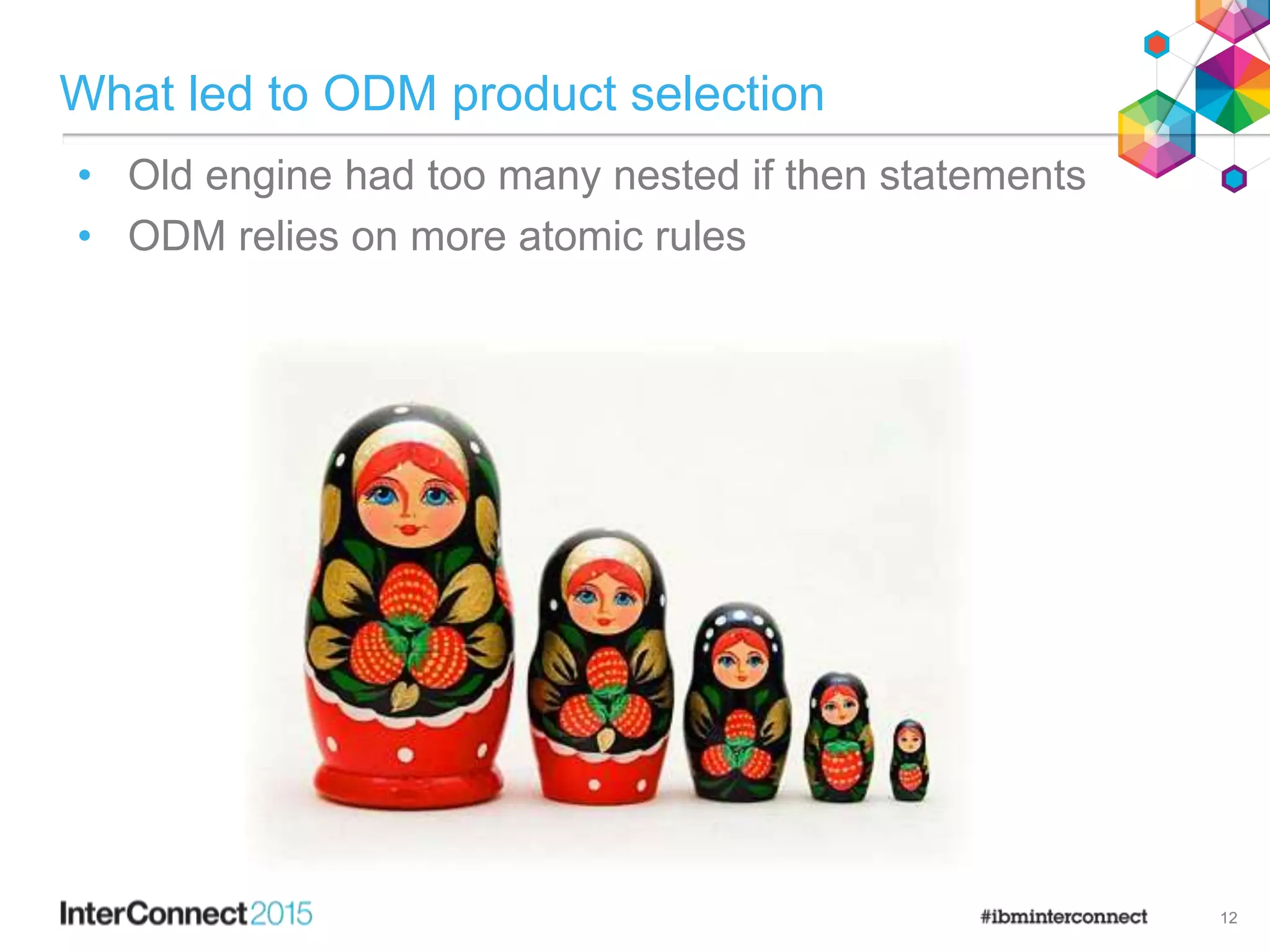 What led to ODM product selection
12
• Old engine had too many nested if then statements
• ODM relies on more atomic rules
 