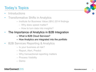 Today’s Topics
• Introductions
• Transformative Shifts in Analytics
– Institute for Business Value (IBV) 2014 findings
– Why does speed matter?
– How to turn data into insights?
• The Importance of Analytics in B2B Integration
– What is B2B Cloud Services?
– How Analytics are integrated into the portfolio
• B2B Services Reporting & Analytics
– Is your business at risk?
– Report, Alert, Predict
– Why transactional reporting matters
– Process Visibility
– Demo
9
 