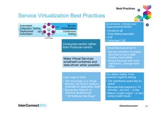 Service Virtualization Best Practices
Consumer-centric rather
than Producer-centric
Governance: choose your
Organizational Model
• Access to all
• Tools Maker/specialist
• CoE
• Federated CoE
Virtual Services at tier N
• Service providers at deeper
tiers tend to be smaller,
simpler, more stable
• Virtual Services with more
“behaviors”, change more
often
Make Virtual Services
small/self-contained and
data-driven when possible
Less Logic is more
• The more logic in a Virtual
Service, the more it starts to
resemble an application itself
• Remember Rule #1 of
software development
• “All Software Has Bugs”
You define reality: more
powerful negative testing
• The mainframe looks like it’s
down!
• Services that respond in 15
minutes…an hour… a day
• Return invalid output – or test
using invalid inputs
20
Best Practices
Automated
Integration Testing
Service
Virtualization
Deployment
Automation
Continuous
Testing
 
