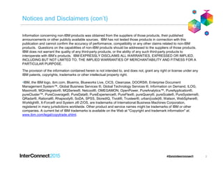 2
Notices and Disclaimers (con’t)
Information concerning non-IBM products was obtained from the suppliers of those products, their published
announcements or other publicly available sources. IBM has not tested those products in connection with this
publication and cannot confirm the accuracy of performance, compatibility or any other claims related to non-IBM
products. Questions on the capabilities of non-IBM products should be addressed to the suppliers of those products.
IBM does not warrant the quality of any third-party products, or the ability of any such third-party products to
interoperate with IBM’s products. IBM EXPRESSLY DISCLAIMS ALL WARRANTIES, EXPRESSED OR IMPLIED,
INCLUDING BUT NOT LIMITED TO, THE IMPLIED WARRANTIES OF MERCHANTABILITY AND FITNESS FOR A
PARTICULAR PURPOSE.
The provision of the information contained herein is not intended to, and does not, grant any right or license under any
IBM patents, copyrights, trademarks or other intellectual property right.
•IBM, the IBM logo, ibm.com, Bluemix, Blueworks Live, CICS, Clearcase, DOORS®, Enterprise Document
Management System™, Global Business Services ®, Global Technology Services ®, Information on Demand, ILOG,
Maximo®, MQIntegrator®, MQSeries®, Netcool®, OMEGAMON, OpenPower, PureAnalytics™, PureApplication®,
pureCluster™, PureCoverage®, PureData®, PureExperience®, PureFlex®, pureQuery®, pureScale®, PureSystems®,
QRadar®, Rational®, Rhapsody®, SoDA, SPSS, StoredIQ, Tivoli®, Trusteer®, urban{code}®, Watson, WebSphere®,
Worklight®, X-Force® and System z® Z/OS, are trademarks of International Business Machines Corporation,
registered in many jurisdictions worldwide. Other product and service names might be trademarks of IBM or other
companies. A current list of IBM trademarks is available on the Web at "Copyright and trademark information" at:
www.ibm.com/legal/copytrade.shtml.
 