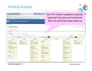 Portfolio Kanban
Use RTC Kanban capabilites to identify
“approved” Business and Architecture
Epics for upcoming release planning
 