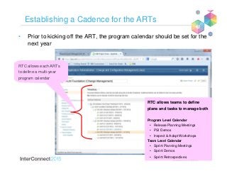 Establishing a Cadence for the ARTs
• Prior to kicking off the ART, the program calendar should be set for the
next year
RTC allows each ARTs
to define a multi-year
program calendar
RTC allows teams to define
plans and tasks to manage both
Program Level Calendar
• Release Planning Meetings
• PSI Demos
• Inspect & Adapt Workshops
Team Level Calendar
• Sprint Planning Meetings
• Sprint Demos
• Sprint Retrospectives
 