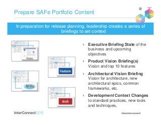 Prepare SAFe Portfolio Content
In preparation for release planning, leadership creates a series of
briefings to set context
Executive Briefing State of the
business and upcoming
objectives
Product Vision Briefing(s)
Vision and top 10 features
Architectural Vision Briefing
Vision for architecture, new
architectural epics, common
frameworks, etc.
Development Context Changes
to standard practices, new tools
and techniques,
 