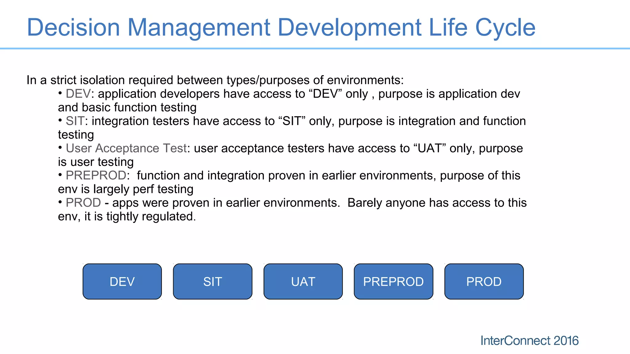 Decision Management Development Life Cycle
In a strict isolation required between types/purposes of environments:
• DEV: application developers have access to “DEV” only , purpose is application dev
and basic function testing
• SIT: integration testers have access to “SIT” only, purpose is integration and function
testing
• User Acceptance Test: user acceptance testers have access to “UAT” only, purpose
is user testing
• PREPROD: function and integration proven in earlier environments, purpose of this
env is largely perf testing
• PROD - apps were proven in earlier environments. Barely anyone has access to this
env, it is tightly regulated.
DEV SIT UAT PREPROD PROD
 