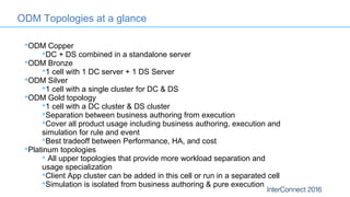 ODM Copper
DC + DS combined in a standalone server
ODM Bronze
1 cell with 1 DC server + 1 DS Server
ODM Silver
1 cell with a single cluster for DC & DS
ODM Gold topology
1 cell with a DC cluster & DS cluster
Separation between business authoring from execution
Cover all product usage including business authoring, execution and
simulation for rule and event
Best tradeoff between Performance, HA, and cost
Platinum topologies
 All upper topologies that provide more workload separation and
usage specialization
Client App cluster can be added in this cell or run in a separated cell
Simulation is isolated from business authoring & pure execution
ODM Topologies at a glance
 