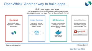 OpenWhisk: Another way to build apps…
Build your apps, your way.
Use a combination of the most prominent open-source compu...