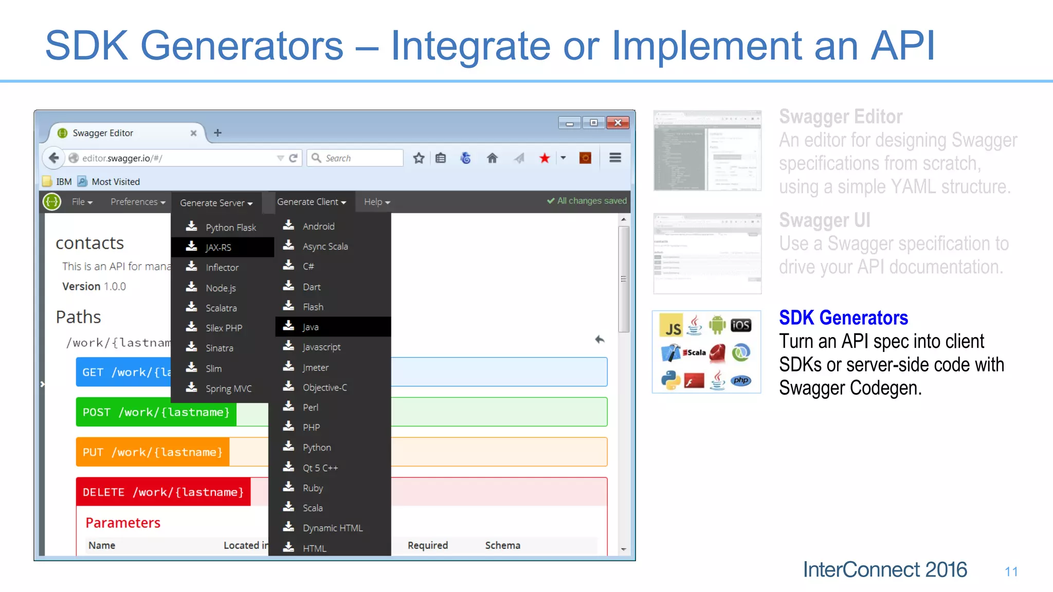 SDK Generators – Integrate or Implement an API
Swagger Editor
An editor for designing Swagger
specifications from scratch,
using a simple YAML structure.
Swagger UI
Use a Swagger specification to
drive your API documentation.
SDK Generators
Turn an API spec into client
SDKs or server-side code with
Swagger Codegen.
11
 