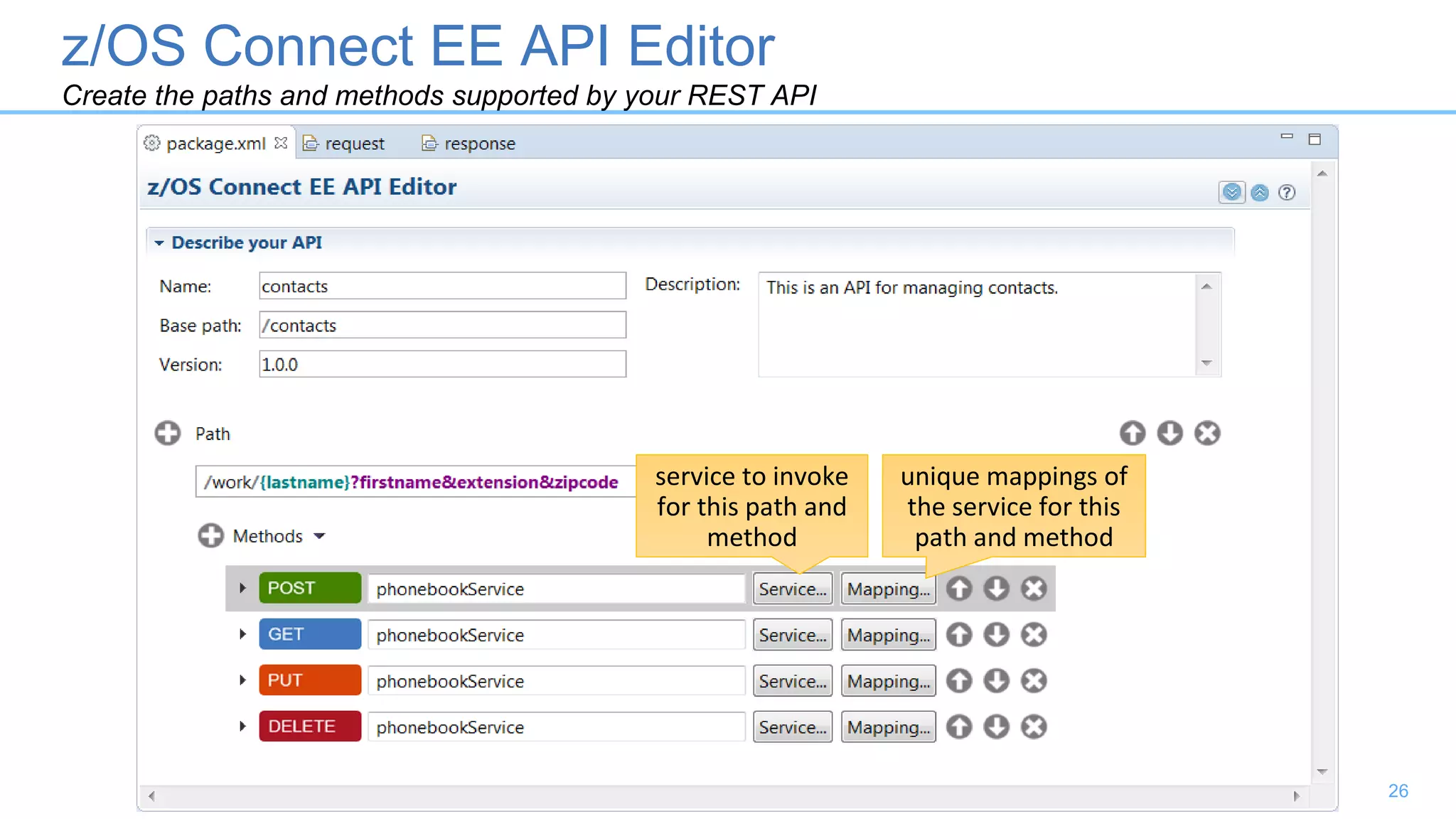 z/OS Connect EE API Editor
Create the paths and methods supported by your REST API
26
service to invoke
for this path and
method
unique mappings of
the service for this
path and method
 