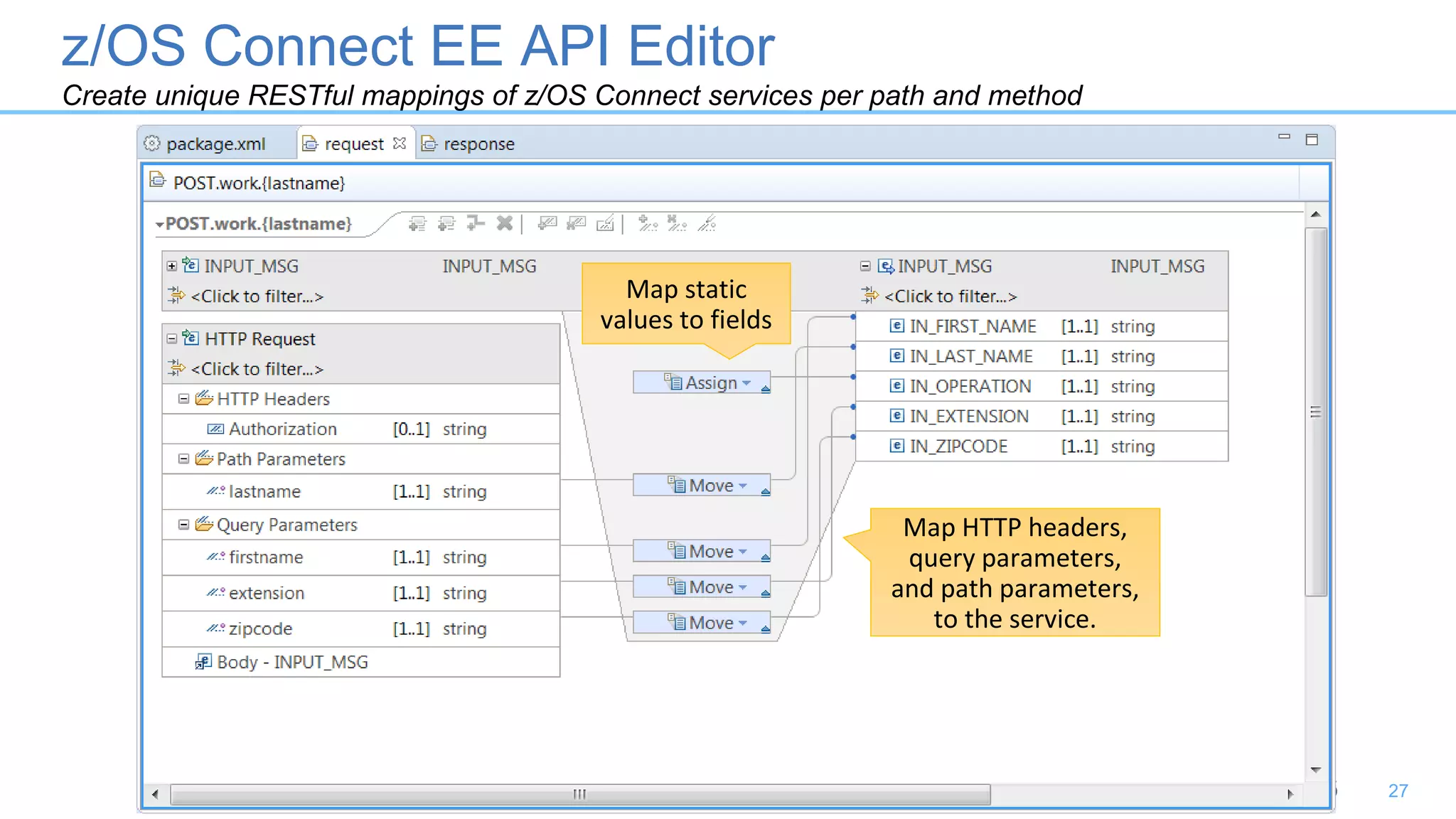 z/OS Connect EE API Editor
Create unique RESTful mappings of z/OS Connect services per path and method
27
Map HTTP headers,
query parameters,
and path parameters,
to the service.
Map static
values to fields
 