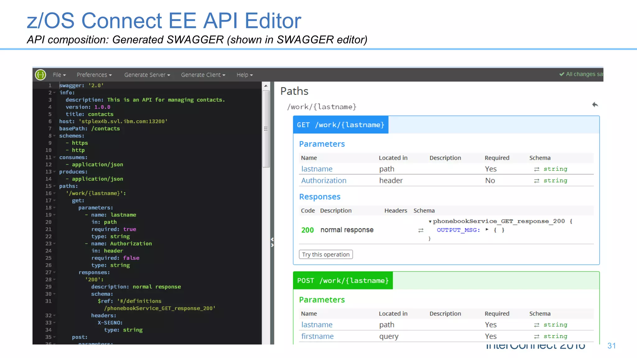 z/OS Connect EE API Editor
API composition: Generated SWAGGER (shown in SWAGGER editor)
31
 