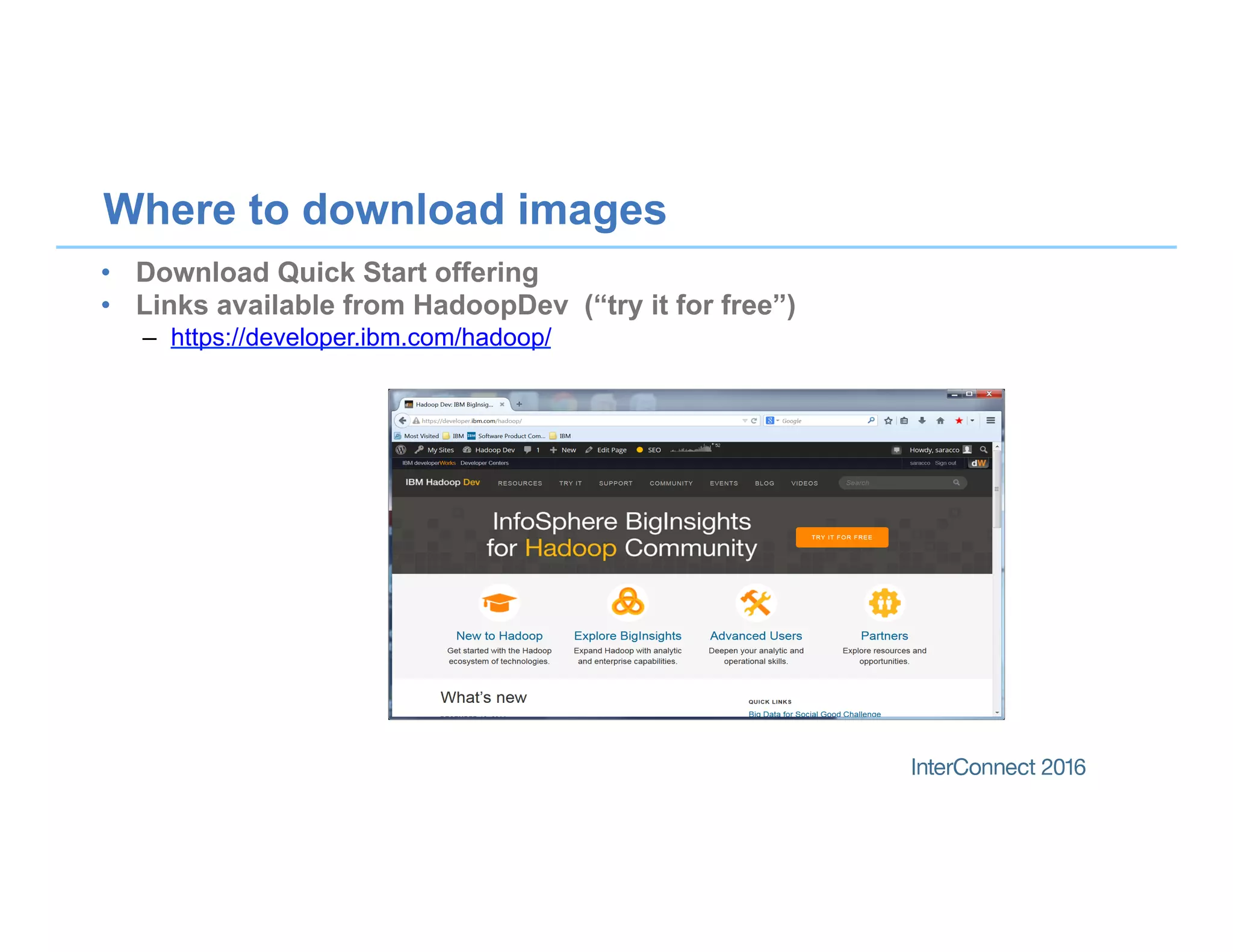 Where to download images
•  Download Quick Start offering
•  Links available from HadoopDev (“try it for free”)
–  https://developer.ibm.com/hadoop/
 
