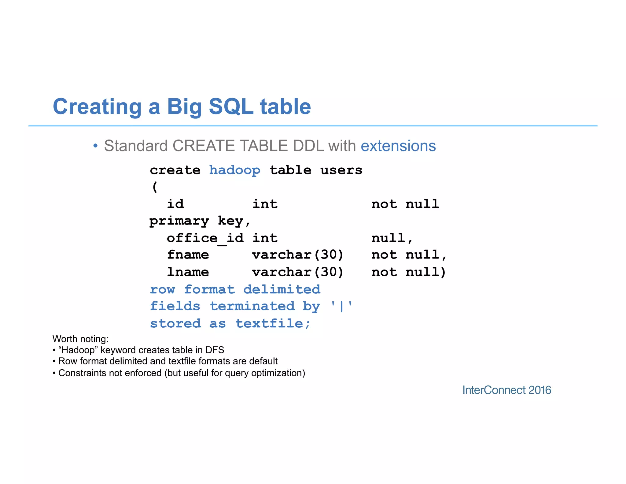 Creating a Big SQL table
•  Standard CREATE TABLE DDL with extensions
create hadoop table users
(
id int not null
primary key,
office_id int null,
fname varchar(30) not null,
lname varchar(30) not null)
row format delimited
fields terminated by '|'
stored as textfile;
Worth noting:
• “Hadoop” keyword creates table in DFS
• Row format delimited and textfile formats are default
• Constraints not enforced (but useful for query optimization)
 