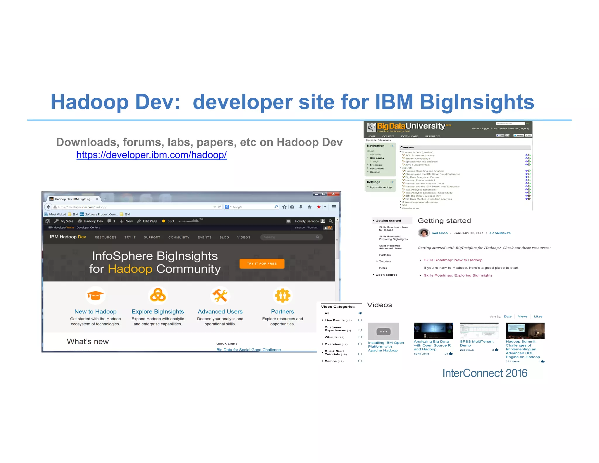 Hadoop Dev: developer site for IBM BigInsights
Downloads, forums, labs, papers, etc on Hadoop Dev
https://developer.ibm.com/hadoop/
 
