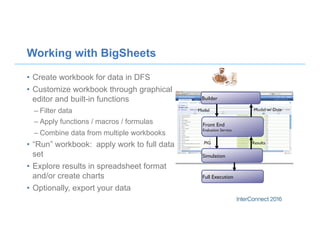 Working with BigSheets
•  Create workbook for data in DFS
•  Customize workbook through graphical
editor and built-in functions
– Filter data
– Apply functions / macros / formulas
– Combine data from multiple workbooks
•  “Run” workbook: apply work to full data
set
•  Explore results in spreadsheet format
and/or create charts
•  Optionally, export your data
Builder
Front End
Evaluation Service
Simulation
PIG Results
Model Model w/ Data
Full Execution
 