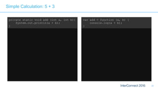22
Simple Calculation: 5 + 3
private static void add (int a, int b){
System.out.println(a + b);
}
public static void main(String[] args){
int a = 5;
int b = 3;
add(a, b);
}
> javac app.java
> java app
> 8
var add = function (a, b) {
console.log(a + b);
}
var a = 5;
var b = 3;
add(a, b);
> node app.js
> 8
 