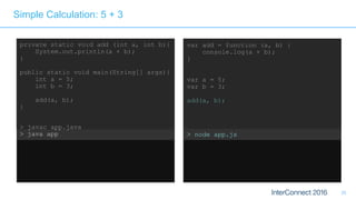 25
Simple Calculation: 5 + 3
private static void add (int a, int b){
System.out.println(a + b);
}
public static void main(String[] args){
int a = 5;
int b = 3;
add(a, b);
}
> javac app.java
> java app
> 8
var add = function (a, b) {
console.log(a + b);
}
var a = 5;
var b = 3;
add(a, b);
> node app.js
> 8
 