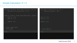 26
Simple Calculation: 5 + 3
private static void add (int a, int b){
System.out.println(a + b);
}
public static void main(String[] args){
int a = 5;
int b = 3;
add(a, b);
}
> javac app.java
> java app
> 8
var add = function (a, b) {
console.log(a + b);
}
var a = 5;
var b = 3;
add(a, b);
> node app.js
> 8
 