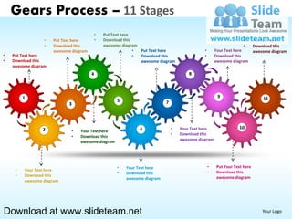 Gears Process – 11 Stages
                                        •   Put Text here
                  •   Put Text here     •   Download this                                                      •      Put Text here
                  •   Download this         awesome diagram                                                    •      Download this
                      awesome diagram                     • Put Text here                •       Your Text here       awesome diagram
•   Put Text here                                         • Download this                •       Download this
•   Download this                                           awesome diagram                      awesome diagram
    awesome diagram




         1
                             3




                 2                                            6           •   Your Text here
                              •   Your Text here
                                                                          •   Download this
                              •   Download this
                                                                              awesome diagram
                                  awesome diagram




                                                    •   Your Text here                       •   Put Your Text here
     •   Your Text here                                                                      •   Download this
                                                    •   Download this
     •   Download this                                                                           awesome diagram
                                                        awesome diagram
         awesome diagram




Download at www.slideteam.net                                                                                             Your Logo
 