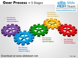 Gear Process – 5 Stages

                                                 •   Put Text here
                                                 •   Download this
                                                     awesome diagram
  •   Put Text here
  •   Download this
      awesome diagram




                                          •   Your Text here
                                          •   Download this            •   Your Text here
                                              awesome diagram          •   Download this
                                                                           awesome diagram

                 •      Your Text here
                 •      Download this
                        awesome diagram


Download at www.slideteam.net                                                     Your Logo
 