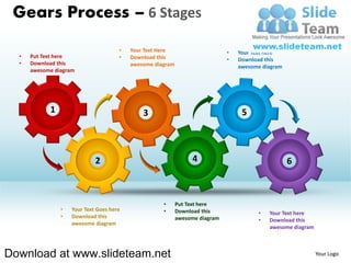 Gears Process – 6 Stages
                                      •   Your Text Here                      •   Your Text here
  •   Put Text here                   •   Download this                       •   Download this
  •   Download this                       awesome diagram                         awesome diagram
      awesome diagram




            1                                 3                                    5



                             2                                   4                                  6



                                                     •      Put Text here
                •   Your Text Goes here              •      Download this               •   Your Text here
                •   Download this                           awesome diagram             •   Download this
                    awesome diagram
                                                                                            awesome diagram



Download at www.slideteam.net                                                                                 Your Logo
 