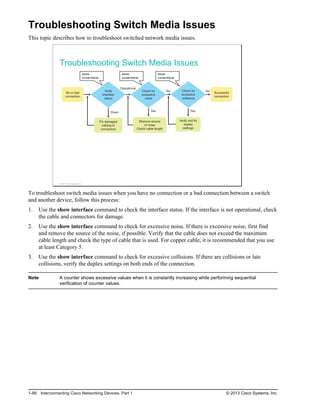 Troubleshooting Switch Media Issues
This topic describes how to troubleshoot switched network media issues.
Troubleshooting Switch Media Issues
Verify
interface
status
Check for
excessive
noise
No or bad
connection
Successful
connection
Operational
Fix damaged
cabling or
connectors
Remove source
of noise
Check cable length
Down
No
Yes
show
interface
show
interface
Check for
excessive
collisions
show
interface
No
Verify and fix
duplex
settings
Yes
No
© 2013 Cisco Systems, Inc.
To troubleshoot switch media issues when you have no connection or a bad connection between a switch
and another device, follow this process:
1. Use the show interface command to check the interface status. If the interface is not operational, check
the cable and connectors for damage.
2. Use the show interface command to check for excessive noise. If there is excessive noise, first find
and remove the source of the noise, if possible. Verify that the cable does not exceed the maximum
cable length and check the type of cable that is used. For copper cable, it is recommended that you use
at least Category 5.
3. Use the show interface command to check for excessive collisions. If there are collisions or late
collisions, verify the duplex settings on both ends of the connection.
Note A counter shows excessive values when it is constantly increasing while performing sequential
verification of counter values.
1-88 Interconnecting Cisco Networking Devices, Part 1 © 2013 Cisco Systems, Inc.
 