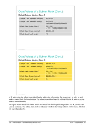 Octet Values of a Subnet Mask (Cont.)
Default Subnet Masks, Class B
Example Class B address (decimal): 172.16.0.0
Example Class B address (binary): 10101100
.00010000.00000000.00000000
Default Class B mask (binary): 11111111
.11111111.00000000.00000000
Default Class B mask (decimal): 255.255.0.0
Default classful prefix length: /16
© 2013 Cisco Systems, Inc.
Octet Values of a Subnet Mask (Cont.)
Default Subnet Masks, Class C
Example Class C address (decimal): 192.168.42.0
Example Class C address (binary): 11000000
.10101000.00101010.00000000
Default Class C mask (binary): 11111111
.11111111.11111111.00000000
Default Class C mask (decimal): 255.255.255.0
Default classful prefix length: /24
© 2013 Cisco Systems, Inc.
In IP addressing, the subnet mask identifies the addressing information that is necessary in order to send
packets toward their final destinations. The subnet mask identifies which bits within the IP address are the
network and subnet bits.
The figure shows the default subnet masks and the default classful prefix length for Class A, Class B, and
Class C addresses. The subnet mask itself is indicated with 1s in the binary notation for the mask. All other
bits are indicated as 0s.
2-26 Interconnecting Cisco Networking Devices, Part 1 © 2013 Cisco Systems, Inc.
 