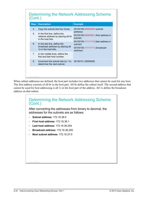 Determining the Network Addressing Scheme
(Cont.)
Step Description Example
4 Copy the subnet bits four times. 00100100.00000000 (subnet
address)
00100100.00000001 (first address in
subnet)
00100100.11111110 (last address in
subnet)
00100100.11111111 (broadcast
address)
5 In the first line, define the
network address by placing all 0s
in the host bits.
6 In the last line, define the
broadcast address by placing all
1s in the host bits.
7 In the middle lines, define the
first and last host number.
8 Increment the subnet bits by 1 to
determine the next subnet.
00100101.00000000
© 2013 Cisco Systems, Inc.
When subnet addresses are defined, the host part includes two addresses that cannot be used for any host.
The first address consists of all 0s in the host part. All 0s define the subnet itself. The second address that
cannot be used for host addressing is all 1s in the host part of the address. All 1s define the broadcast
address on that subnet.
Determining the Network Addressing Scheme
(Cont.)
After converting the addresses from binary to decimal, the
addresses for the subnets are as follows:
Subnet address: 172.16.36.0
First host address: 172.16.36.1
Last host address: 172.16.36.254
Broadcast address: 172.16.36.255
Next subnet address: 172.16.37.0
© 2013 Cisco Systems, Inc.
2-34 Interconnecting Cisco Networking Devices, Part 1 © 2013 Cisco Systems, Inc.
 