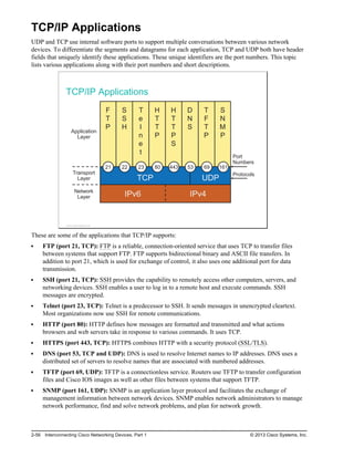 TCP/IP Applications
UDP and TCP use internal software ports to support multiple conversations between various network
devices. To differentiate the segments and datagrams for each application, TCP and UDP both have header
fields that uniquely identify these applications. These unique identifiers are the port numbers. This topic
lists various applications along with their port numbers and short descriptions.
TCP/IP Applications
TCP UDP
F
T
P
T
e
l
n
e
t
H
T
T
P
D
N
S
T
F
T
P
S
N
M
P
Application
Layer
Network
Layer
Transport
Layer
Port
Numbers
IPv6 IPv4
Protocols
S
S
H
H
T
T
P
S
21 23 80 443 69 161
22 53
© 2013 Cisco Systems, Inc.
These are some of the applications that TCP/IP supports:
FTP (port 21, TCP): FTP is a reliable, connection-oriented service that uses TCP to transfer files
between systems that support FTP. FTP supports bidirectional binary and ASCII file transfers. In
addition to port 21, which is used for exchange of control, it also uses one additional port for data
transmission.
SSH (port 21, TCP): SSH provides the capability to remotely access other computers, servers, and
networking devices. SSH enables a user to log in to a remote host and execute commands. SSH
messages are encrypted.
Telnet (port 23, TCP): Telnet is a predecessor to SSH. It sends messages in unencrypted cleartext.
Most organizations now use SSH for remote communications.
HTTP (port 80): HTTP defines how messages are formatted and transmitted and what actions
browsers and web servers take in response to various commands. It uses TCP.
HTTPS (port 443, TCP): HTTPS combines HTTP with a security protocol (SSL/TLS).
DNS (port 53, TCP and UDP): DNS is used to resolve Internet names to IP addresses. DNS uses a
distributed set of servers to resolve names that are associated with numbered addresses.
TFTP (port 69, UDP): TFTP is a connectionless service. Routers use TFTP to transfer configuration
files and Cisco IOS images as well as other files between systems that support TFTP.
SNMP (port 161, UDP): SNMP is an application layer protocol and facilitates the exchange of
management information between network devices. SNMP enables network administrators to manage
network performance, find and solve network problems, and plan for network growth.
2-56 Interconnecting Cisco Networking Devices, Part 1 © 2013 Cisco Systems, Inc.
 