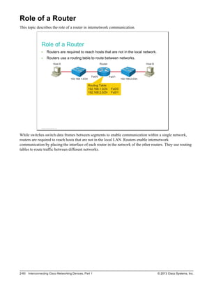 Role of a Router
This topic describes the role of a router in internetwork communication.
Role of a Router
Routers are required to reach hosts that are not in the local network.
Routers use a routing table to route between networks.
Host A
Fa0/0 Fa0/1
Routing Table:
192.168.1.0/24 Fa0/0
192.168.2.0/24 Fa0/1
Host B
Router
192.168.1.0/24 192.168.2.0/24
© 2013 Cisco Systems, Inc.
While switches switch data frames between segments to enable communication within a single network,
routers are required to reach hosts that are not in the local LAN. Routers enable internetwork
communication by placing the interface of each router in the network of the other routers. They use routing
tables to route traffic between different networks.
2-60 Interconnecting Cisco Networking Devices, Part 1 © 2013 Cisco Systems, Inc.
 