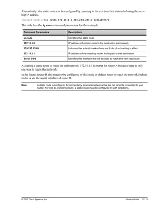 Alternatively, the static route can be configured by pointing to the exit interface instead of using the next-
hop IP address.
RouterA(config)#ip route 172.16.1.0 255.255.255.0 serial0/0/0
The table lists the ip route command parameters for this example.
Command Parameters Description
ip route Identifies the static route
172.16.1.0 IP address of a static route to the destination subnetwork
255.255.255.0 Indicates the subnet mask—there are 8 bits of subnetting in effect
172.16.2.1 IP address of the next-hop router in the path to the destination
Serial 0/0/0 Identifies the interface that will be used to reach the next-hop router
Assigning a static route to reach the stub network 172.16.1.0 is proper for router A because there is only
one way to reach that network.
In the figure, router B also needs to be configured with a static or default route to reach the networks behind
router A via the serial interface of router B.
Note A static route is configured for connectivity to remote networks that are not directly connected to your
router. For end-to-end connectivity, a static route must be configured in both directions.
© 2013 Cisco Systems, Inc. Student Guide 2-115
 